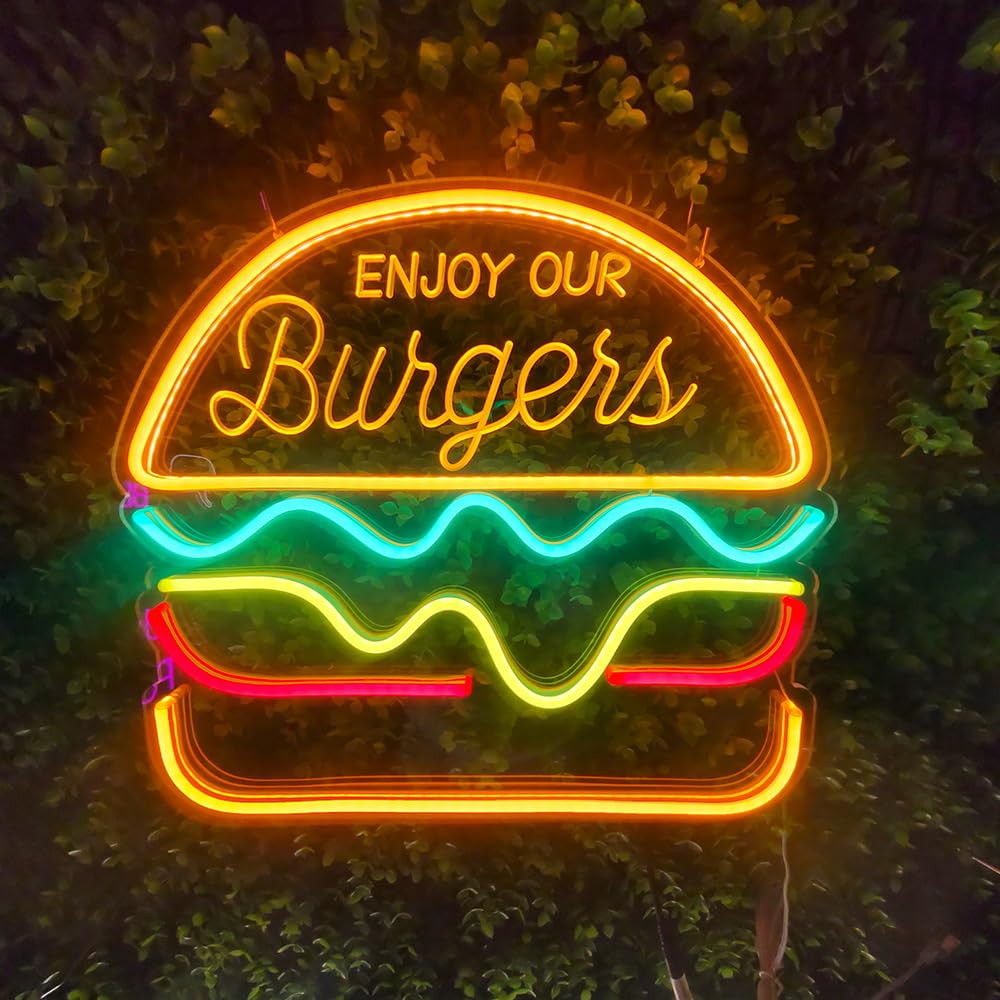 Hamburger Neon Sign with Dimmer Switch for Restaurant Shop Snack Bar Pub Burger Neon Lights for Home Bar Restaurant LED Food Lighting Wall Decoration image number 6