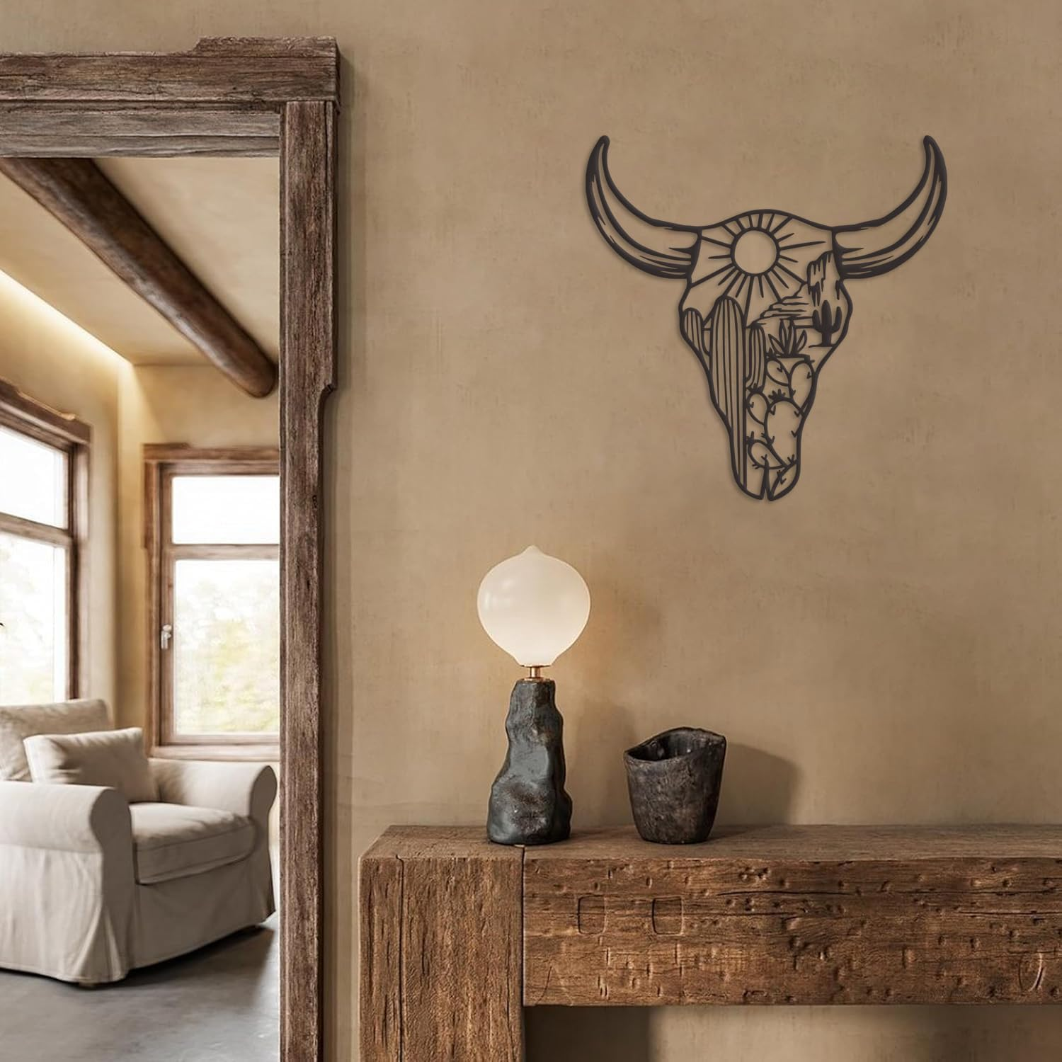 Metal Cow Skull Decor - Southwestern Native American Decor - Rustic Metal Western Wall Decor for Living Room Bedroom Kitchen Garden(12 * 12 Inch,Black)