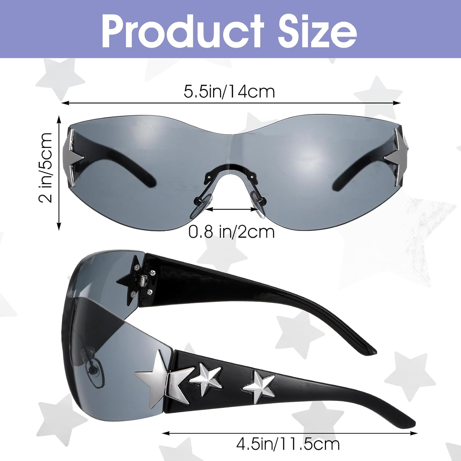 Heclia Y2K Sunglasses for Women Men Trendy Shield Wrap around Sun Glasses Large Rimless Star Sunglasses - Black image number 3
