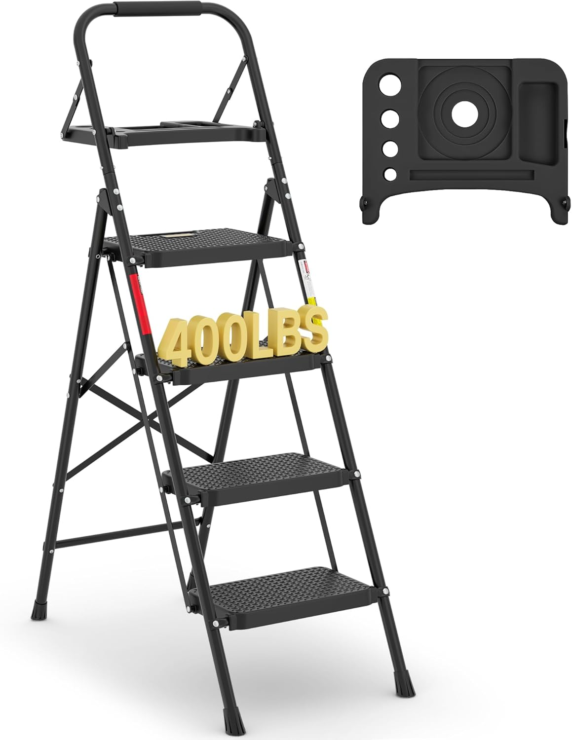 BONTEC 3 Step Ladder, Capacity 272KG with Wide Anti-Slip Pedals, Folding Steel Step Stool, Sponge Handlebar, Lightweight Portable Ladder Suitable for Home, Kitchen, Pantry, Indoor/Outdoor Use, Black