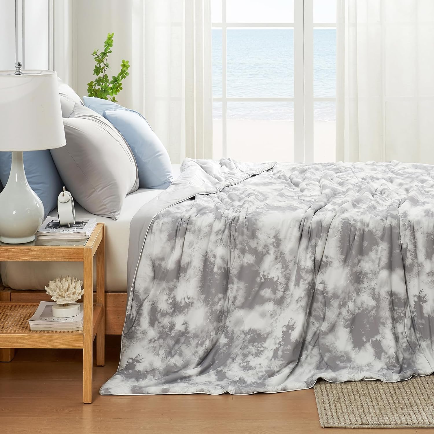 Cozy Bliss Cooling Comforter Queen Size, Cooling Blankets for Hot Sleepers and Night Sweats, Tie Dye Grey Summer Comforter for Queen Size Bed, Breathable Soft Lightweight Silk Smooth image number 4