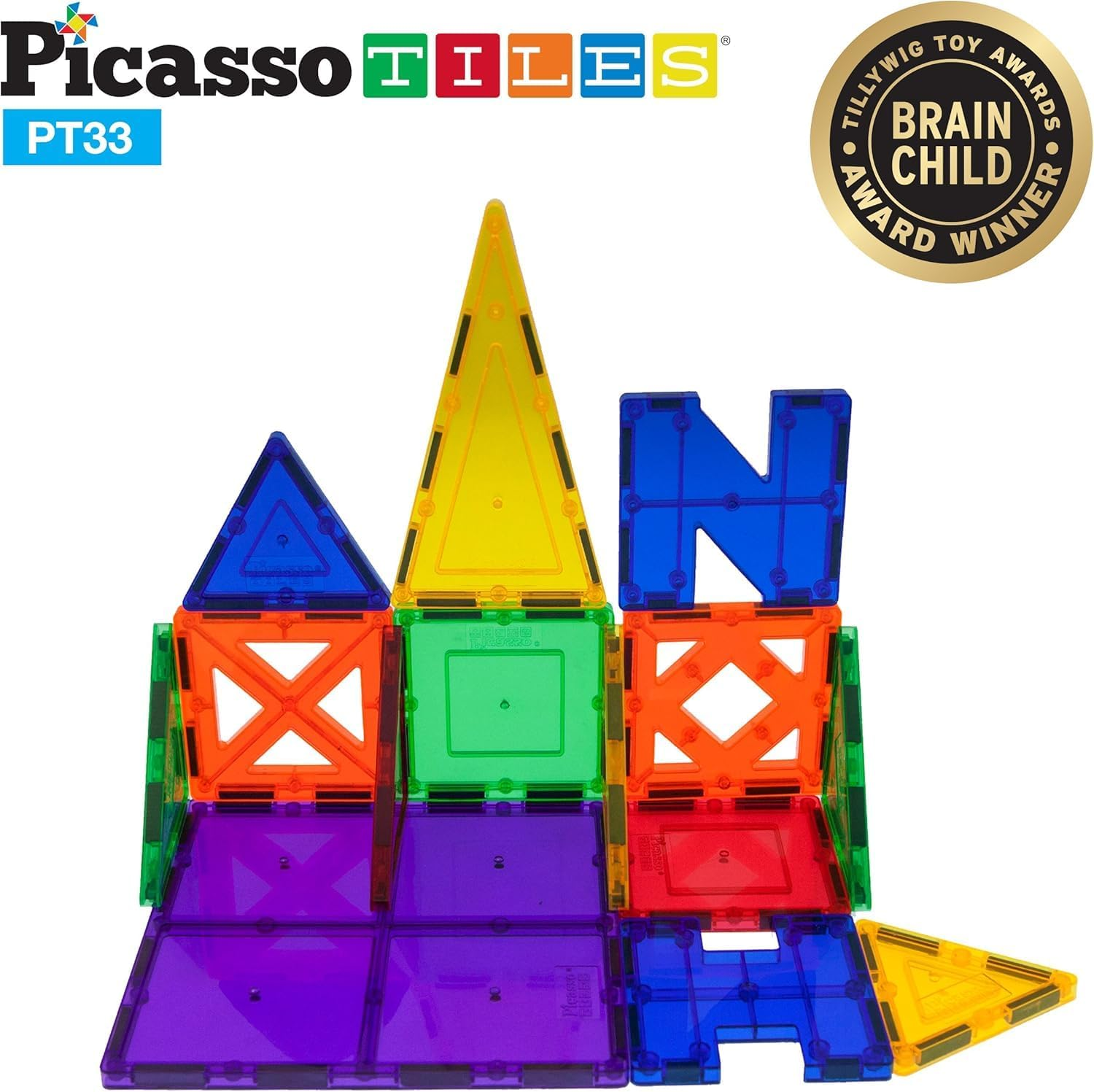 Picassotiles 33 Piece Building Blocks 33Pcs Educational Kit 3D Building Construction Toy Set Clear Magnetic Stacking Block STEM Playboard Magnet Felt Tiles Novelty Game, Creativity beyond Imagination image number 2