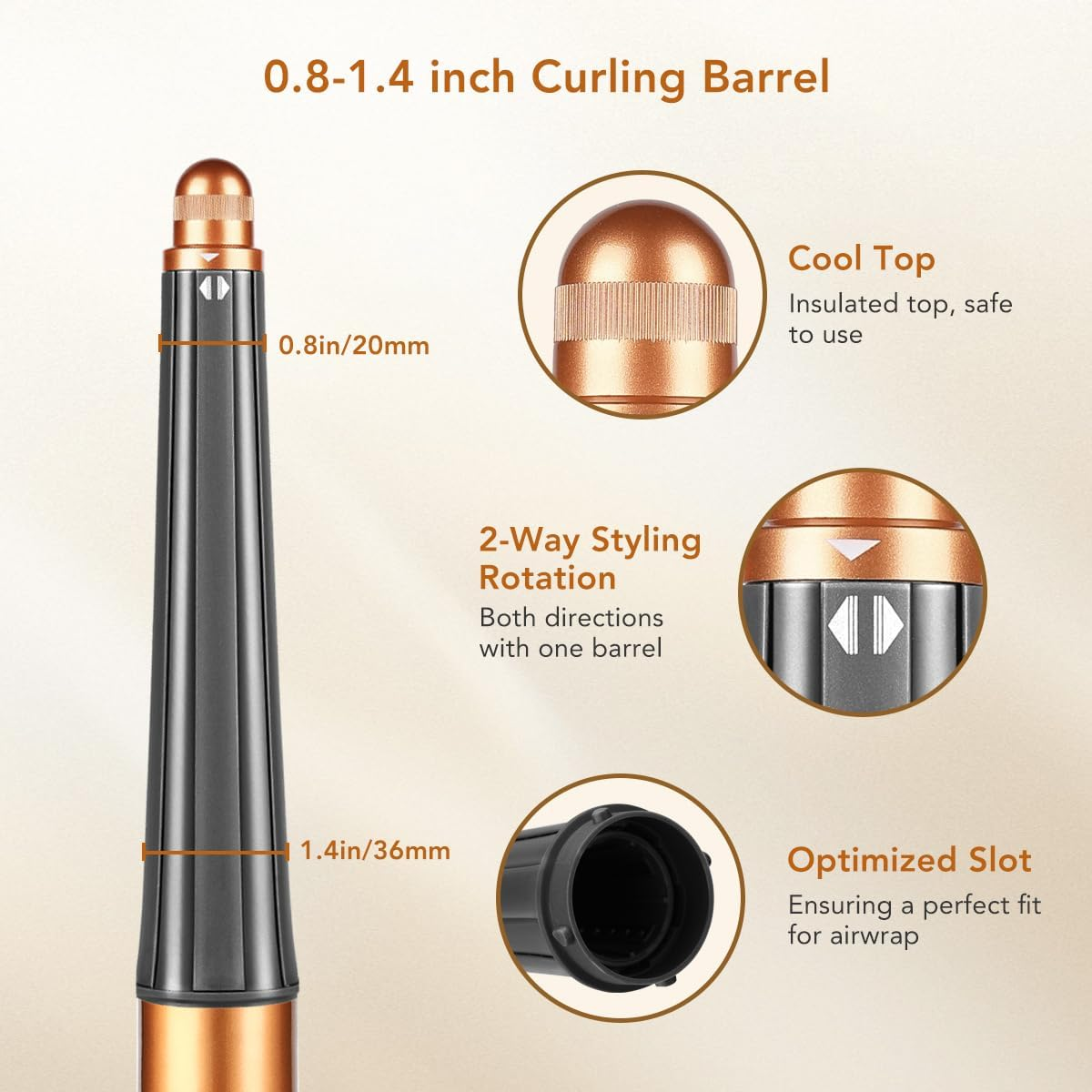 Conical Barrel for Dyson Airwrap Styler, 0.8-1.4Inch/ 20-36MM Auto-Wrap Curling Barrel Attachment for Dyson Airwrap HS01 HS05 HS08, Copper image number 2
