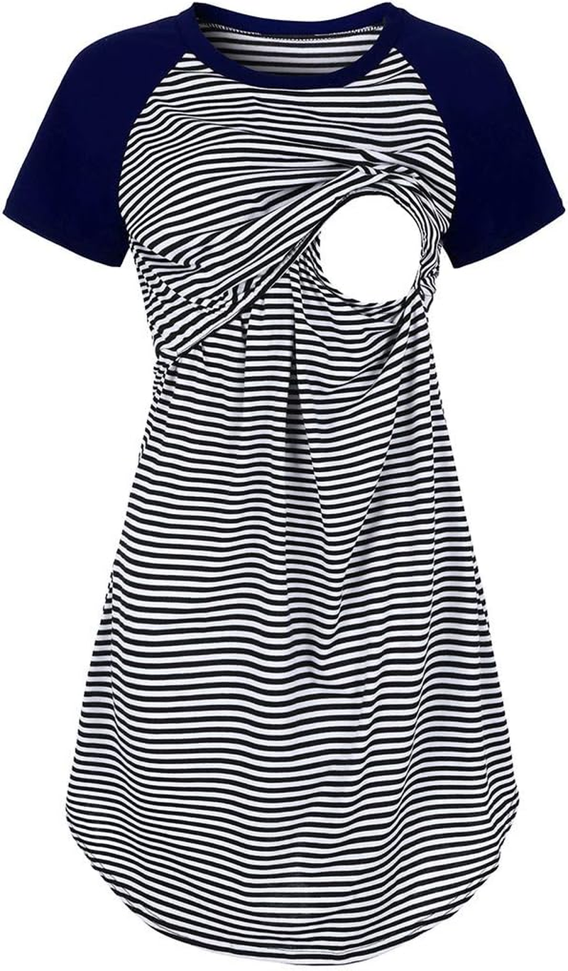 Summer Women Maternity Nursing Dress Short Sleeve Striped Loose Breastfeeding Sleepwear Midi Dress