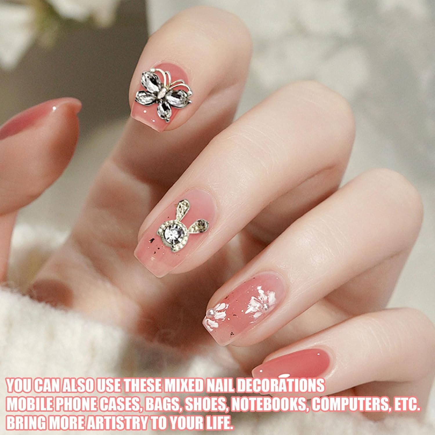 Nail Art Hearts and Bows,50Pcs Mixed 3D Gold Pearl Rhinestones Bowknot Luxury Dangle Nail Art Charms (C Mixed Pattern Gold) image number 2