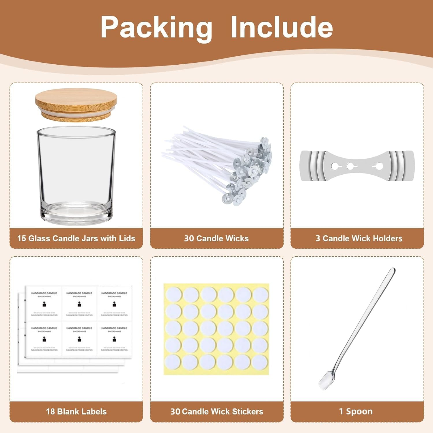 9SHOME 15Pack 7Oz Thick Glass Candle Jars with Bamboo Lids & Labels - Empty Containers for Making Candles, Dishwasher Safe image number 2