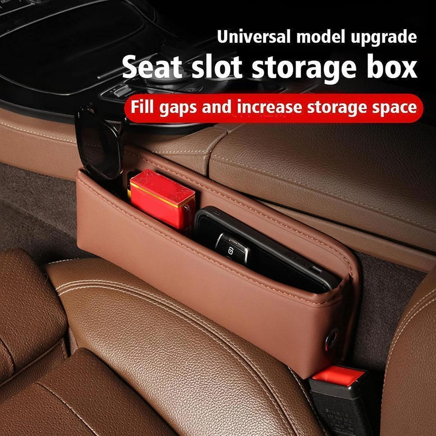 Leather Car Seat Storage Box, 2023 New Car Seat Gap Filler Organizer, PU Leather Car Seat Storage Box, Console Side Pocket Organizer Holds for Phone, Wallet, Cards, Keys (Black) - Beige image number 4