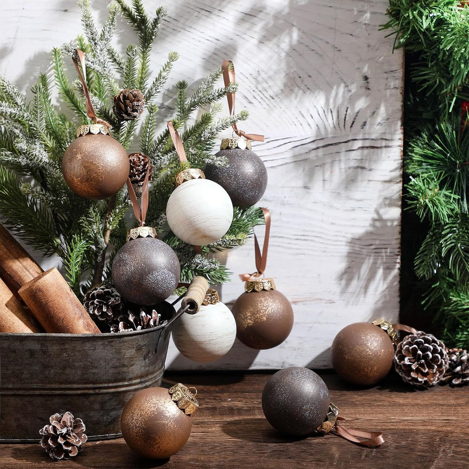 Yunlly 24 Pcs Textured Christmas Ball Ornaments 2.36'' Neutral Christmas Tree Decor Vintage Rustic Hanging Decor Shatterproof Home Ornaments for Xmas Winter Farmhouse Decoration (Vintage Copper) - 12, Dark Color image number 2