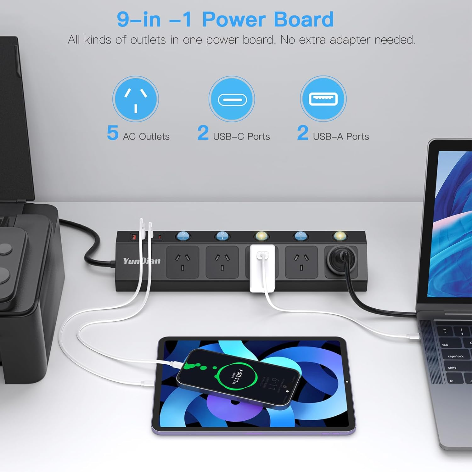 Yundian Power Strip with Individual Switches, 5 AC Outlets, 2 USB a and 2 USB C Surge Protector 2M Extension Cord, 2400W/10A, 170 Joules, USB Power Board Switch for Home and Office Use (Black) image number 4