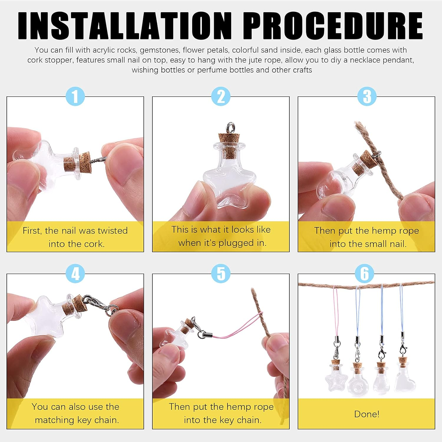 Mardatt 48Pcs 6 Shapes Mini Glass Bottles with Cork Lids Wish Bottles Glass Favor Jars, 50Pcs Eye Screws, 30 Meters Twine for DIY Crafts, Home Decor, Party Favors image number 3