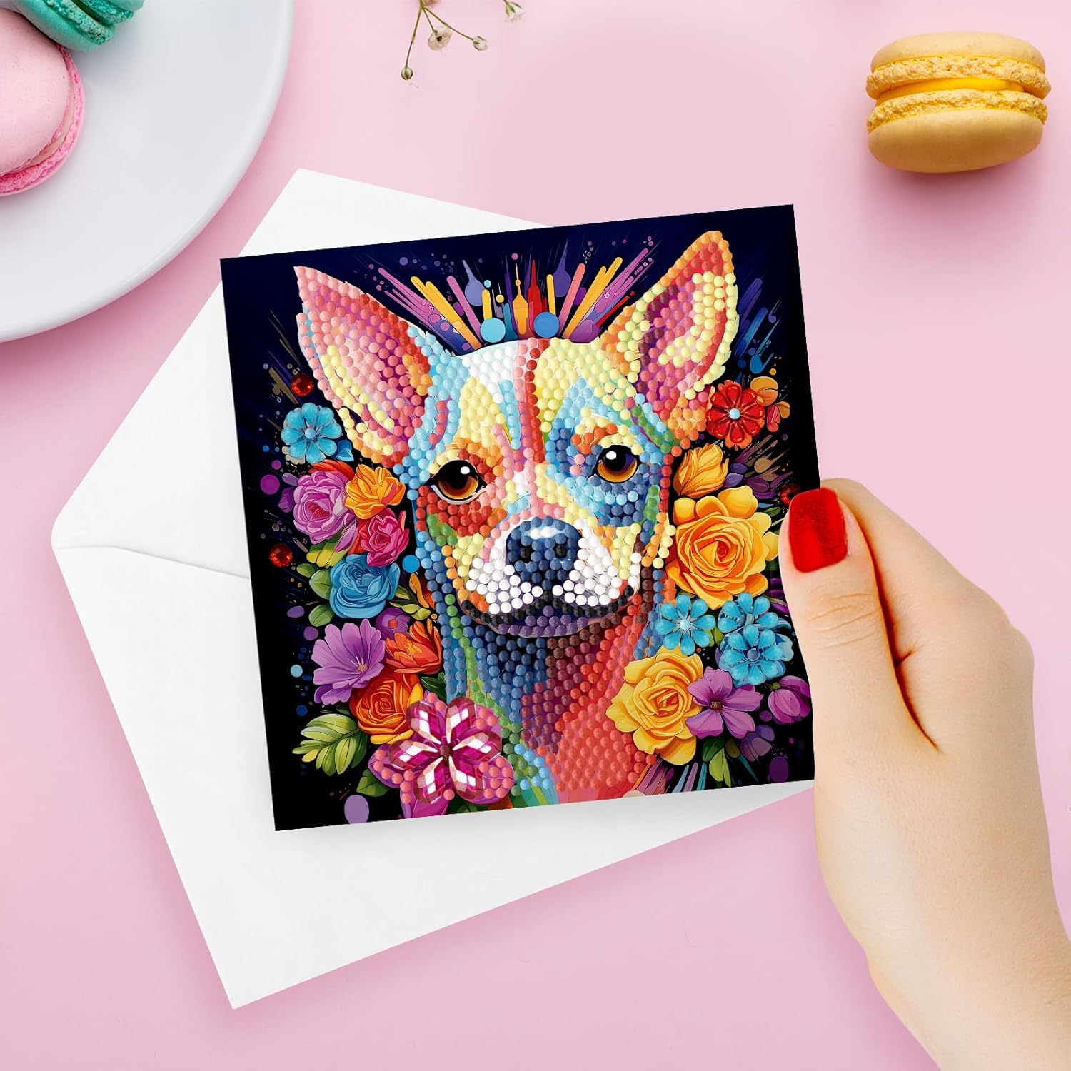 Pigpigboss 8 Packs Cat and Dog Diamond Painting Greeting Card Kit, Special Shaped Flower Animal Face Diamond Art Birthday Thank You Cards with Envelope for Adult Beginner Holiday Blessing image number 6