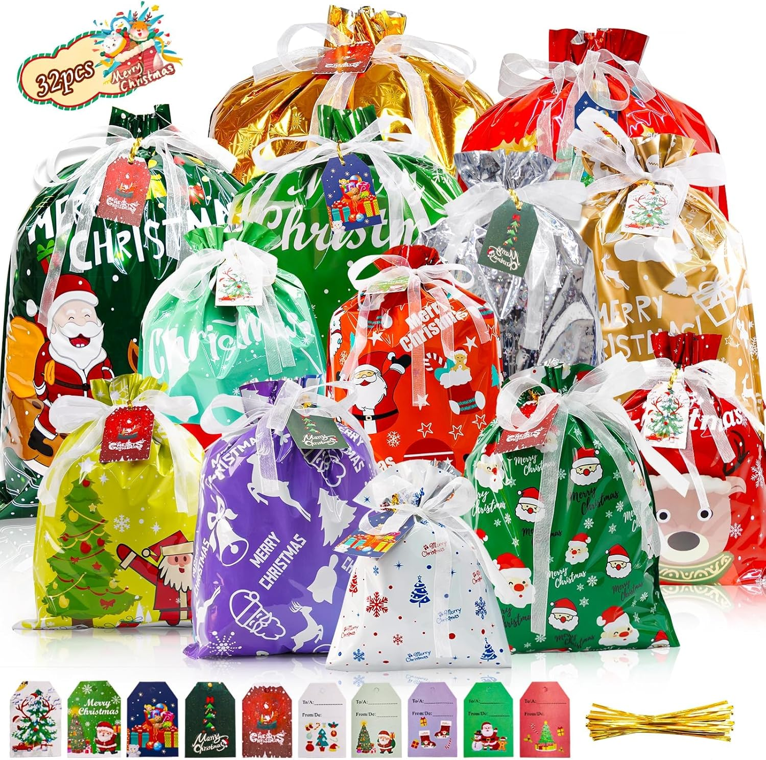 Christmas Drawstring Gift Bags 32Pcs, Xmas Treat Bags & Gift Tags Set, Assorted Sizes Large Medium Small, for Holiday Birthday Party Favors, Goody Bags, Gift Wrapping image number 4