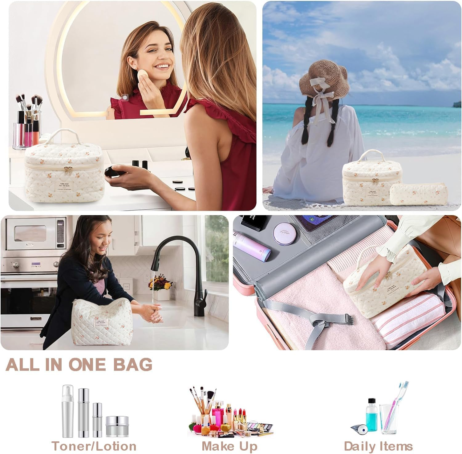 Everfunny 3 Pcs Cotton Quilted Makeup Bag Set, Floral Cotton Cosmetic Bag, Aesthetic Toiletry Travel Organizer Bag for Women, White Little Flower, Cosmetic Bag