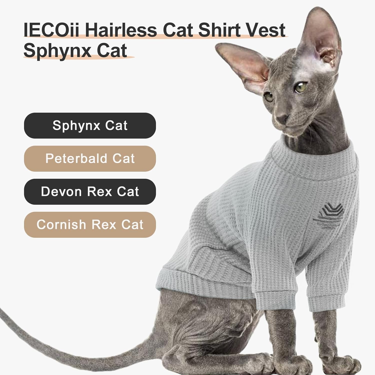 Iecoii Sphynx Cat Clothing, Hairless Cat T-Shirts, Cat Clothing Soft Cotton Cat Shirts for Cats Only, Jumper Cat Jumper Vest with Sleeves, for Sphynx, Cornish Rex, Devon Rex, Peterbald image number 6