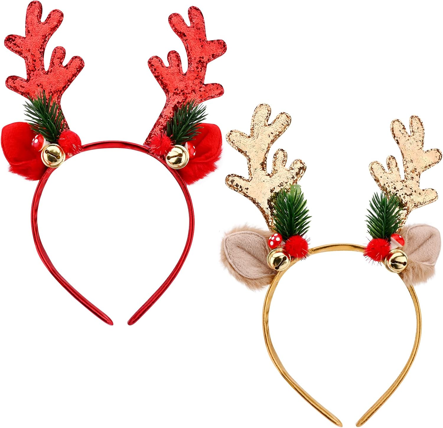 2 Pieces Christmas Headband Reindeer Antler Party Hats Xmas Hair Band Hair Hoop with Ears Christmas Head Hat Toppers Costume Headbands Photos Booth Headwear Party Decoration for Kids Adults image number 1