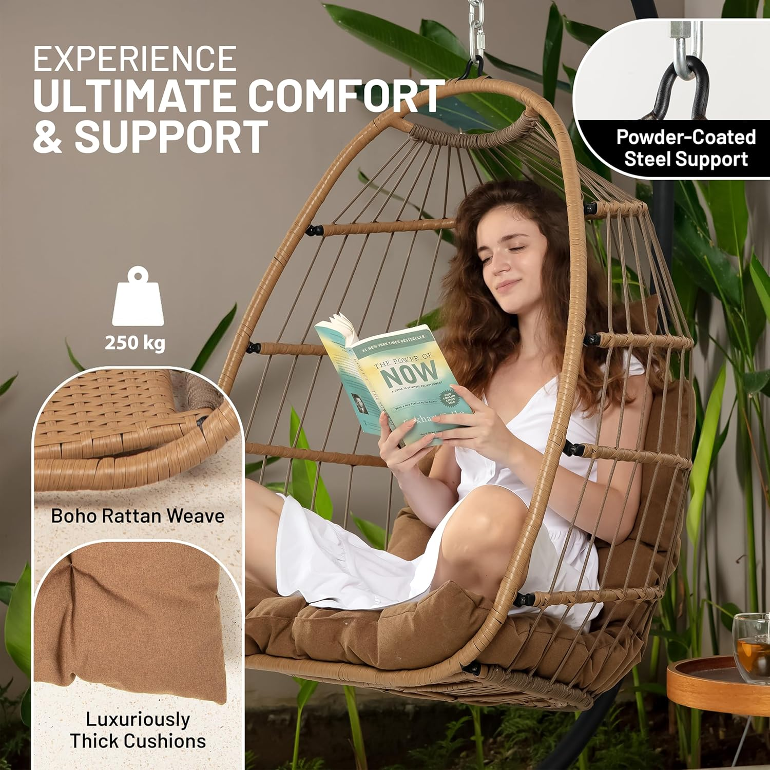 Serenelife Hanging Egg Chair with Stand &ndash; Indoor/Outdoor Swing for Living Room, Patio & Garden &ndash; Rattan Wicker Seat with Cushion &ndash; Brown image number 6
