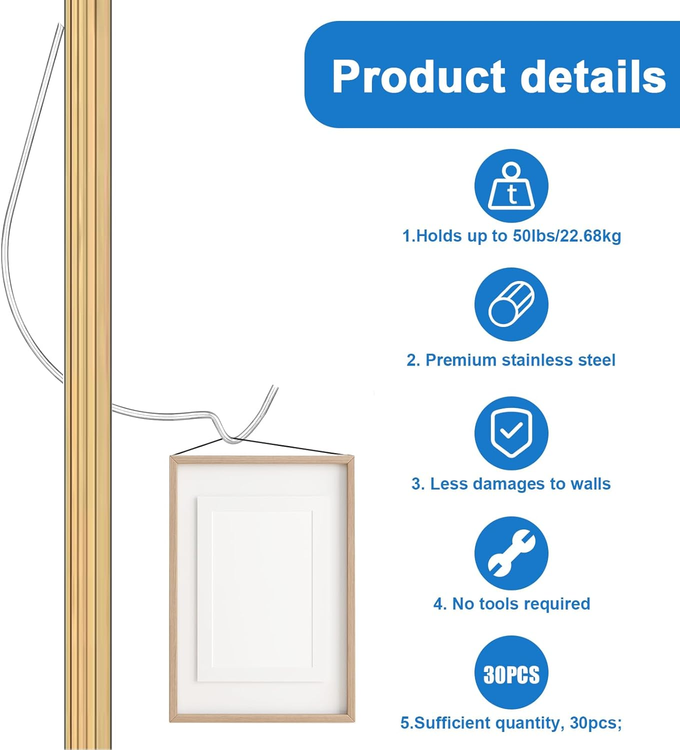 30Pcs Super Hook Picture Hanger, Stainless Steel Monkey J Super Hooks Picture Hanger Hooks for Drywall Wood Plaster Walls, Gorilla Hanging Pictures Mirrors Artworks, for Home Office Decorations image number 1