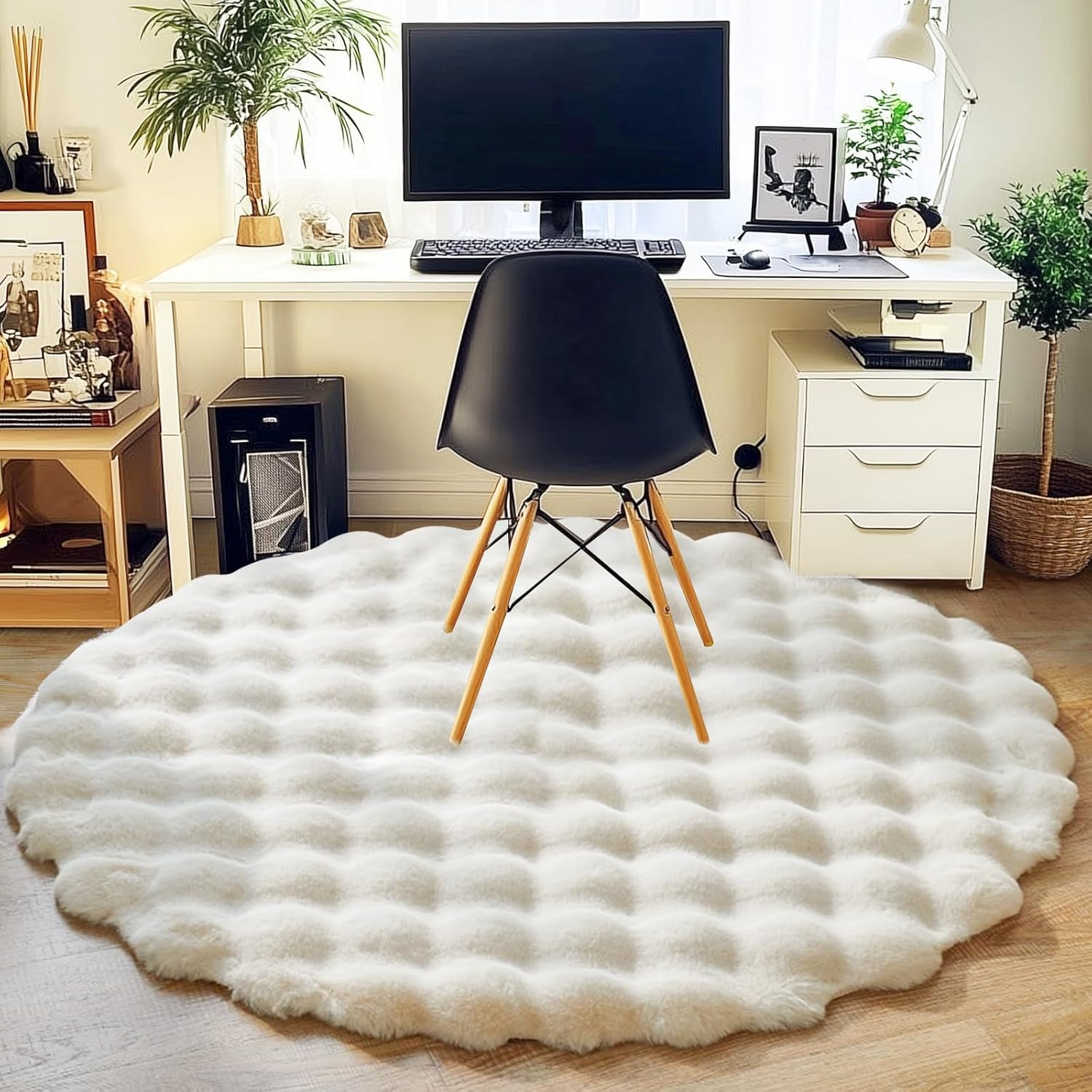 Round Fluffy Rug for Living Room, Luxury Soft Shaggy Faux Fur Area Rugs for Bedroom, Modern Indoor Washable Furry Plush Carpet Anti-Skid Floor Mats for Home Decor (Beige, 120Cm) - White image number 7