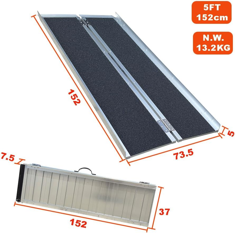 Single-Folding Aluminium Wheelchair Ramp 272Kg Rated Loading Portable Threshold Non-Slip (5Ft-(152Cm X 73.5Cm X 5Cm)) image number 5