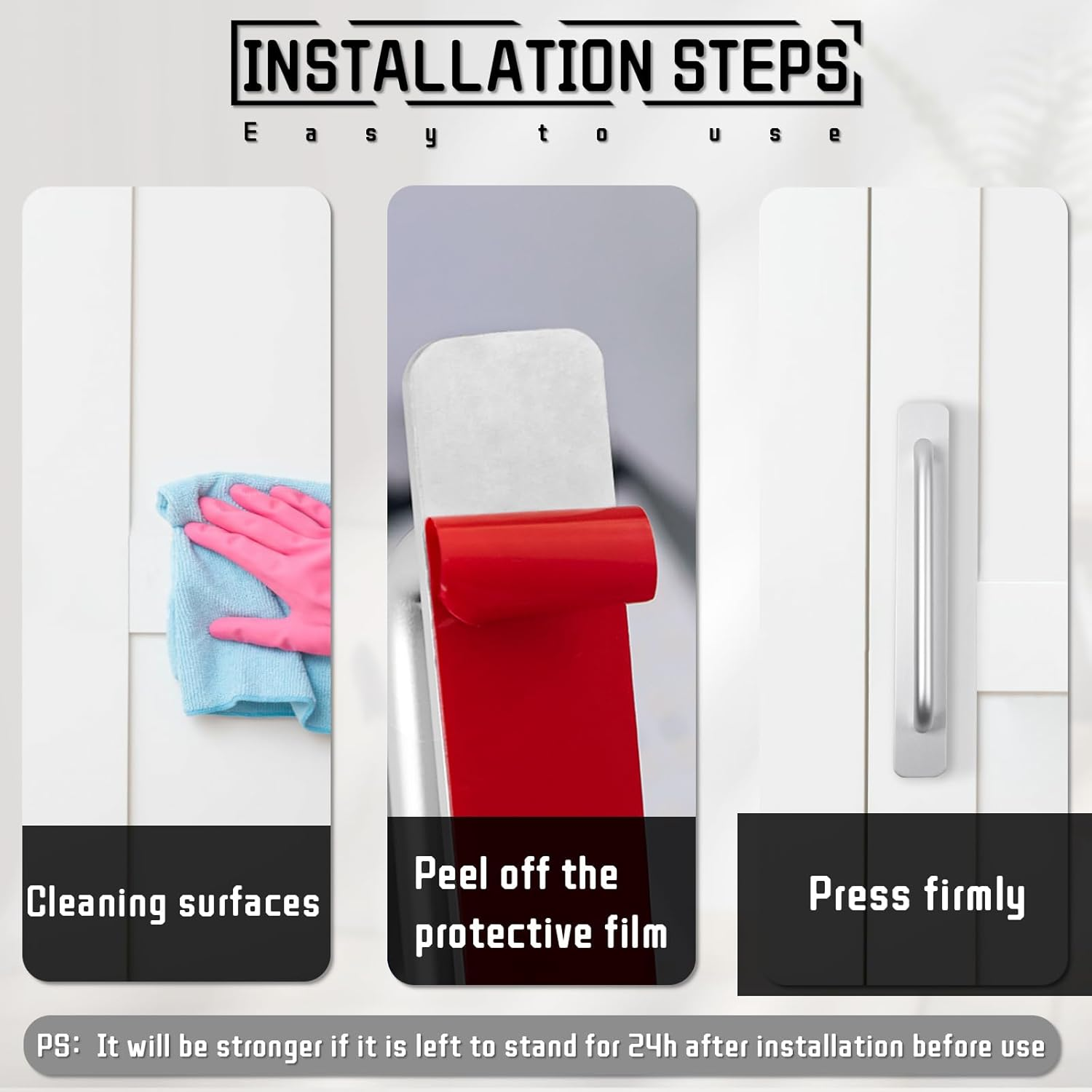 4 PCS Adhesive Cabinet Handles, No Drilling Drawer Pulls, Aluminum Alloy Stick on Door Handles, Window Handles for Kitchen, Cupboard Sliding Closet, Dresser Closet (Silver) image number 5