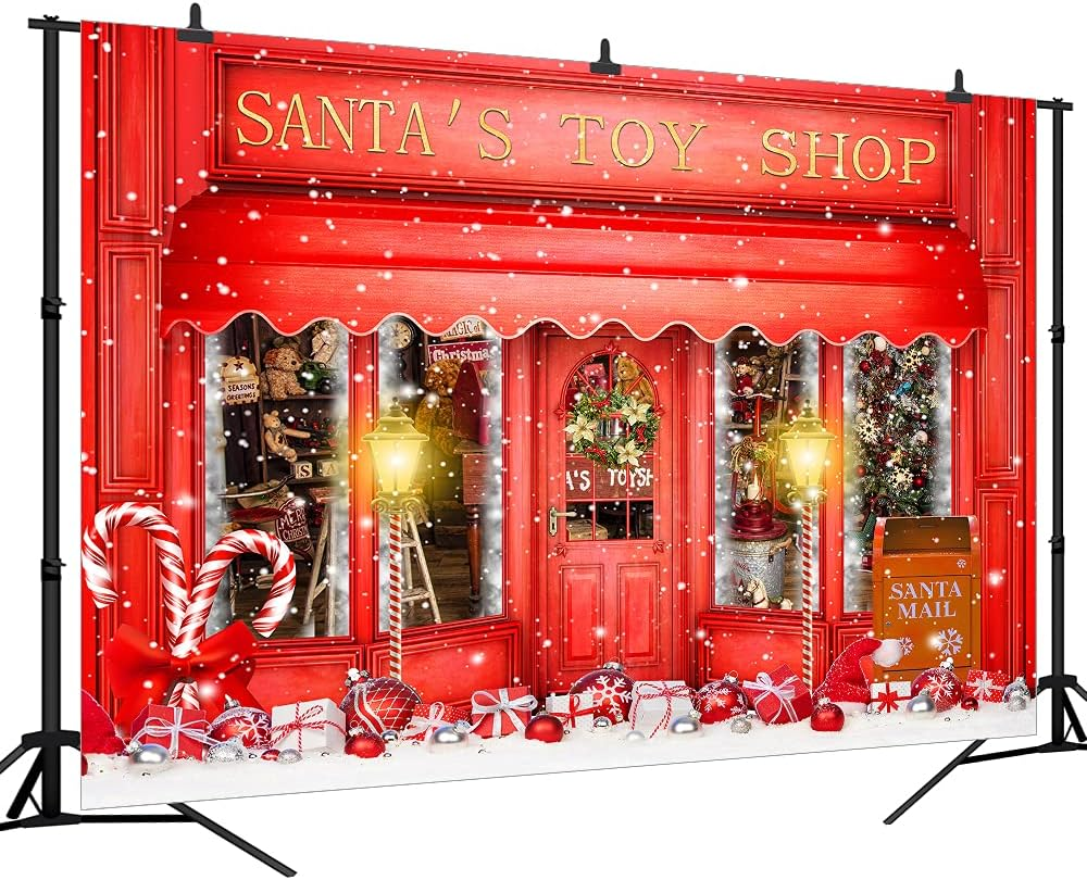 Red Christmas Photo Backdrop Santa'S Toy Shop Candy Cane in Snow World Xmas Family Holiday Party Banner Photography Background Supplies Decor Studio Prop PGT673B 9X6Ft
