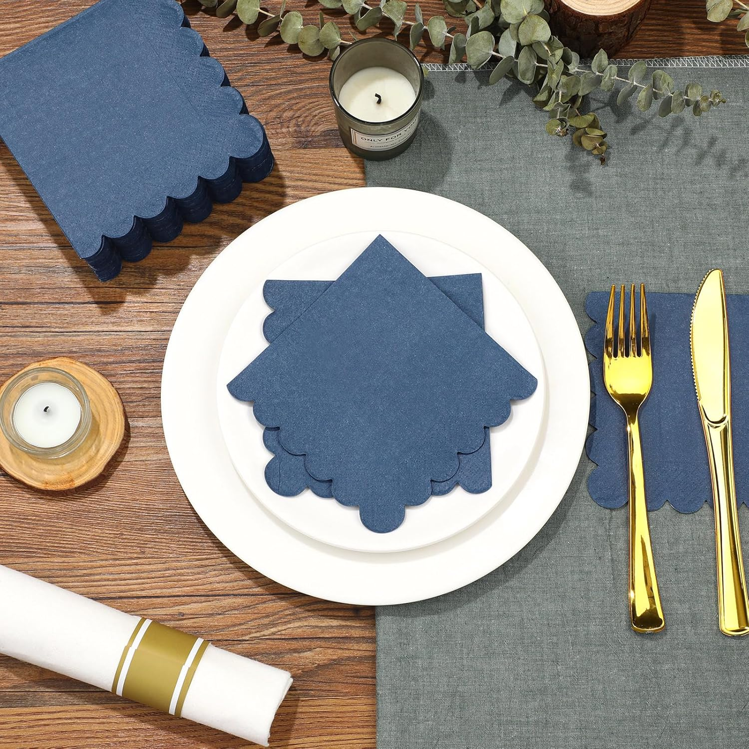 Fuutreo 100 Pcs Scalloped Cocktail Napkins Thick Paper Disposable Party Napkins Beverage Tissue for Wedding Dinner Birthday Supplies, 5 X 5 Inches(Navy Blue) - Light Blue image number 4