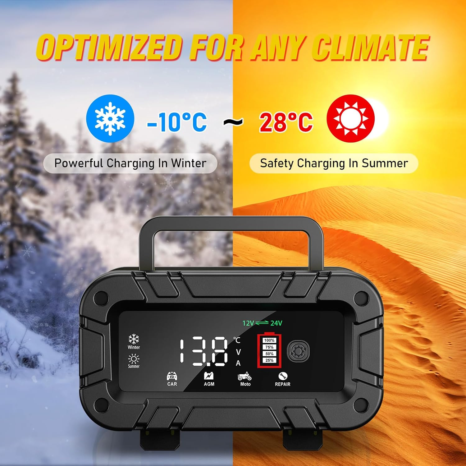 12V / 24V Car Charger, 20A Multi Protections Motorcycle Battery Charger, Intelligent LCD Screen Fully Automatic Battery Charger for Motorcycles, Boats, Cars, Agm/Lithium Battery (Black,Yellow) image number 2