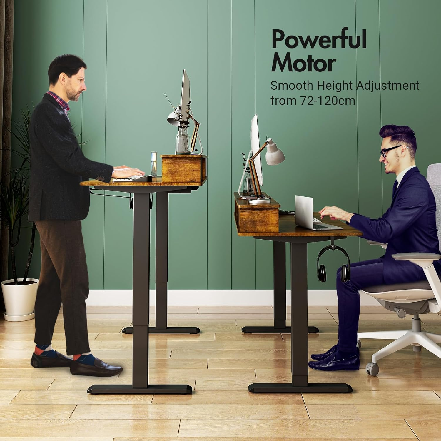 Ufurniture Electric Standing Desk with 2 Drawers, Adjustable Height Sit Stand up Desk with Storage Shelf, 120Cm Splice Board Walnut image number 3