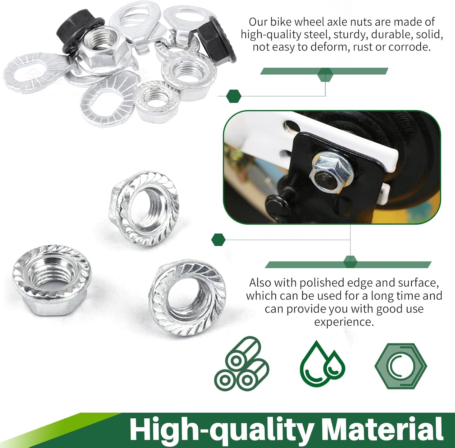 Keadic 60Pcs 3 Size Bicycle Wheel Axle Nut and Safety Washer Kit, Hub Flanged Axle Nut Hardware Parts and Wheel Retaining Hooks Repair Set for Mountain Road Folding Bike Front and Rear Wheel image number 2