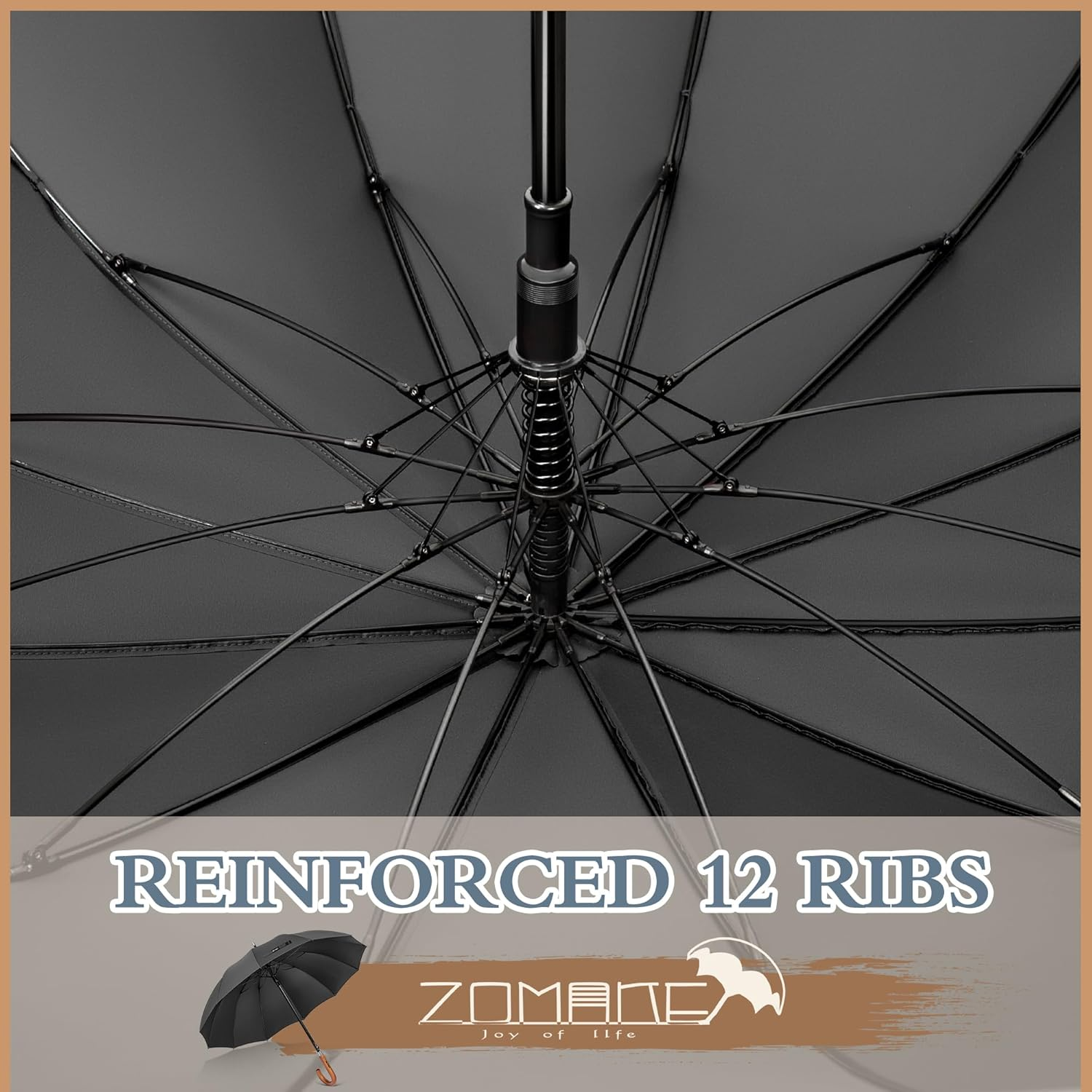 ZOMAKE Large Stick Golf Umbrella with Wood Hook Handle 12 Ribs - Automatic Open Classic Umbrellas Windproof Wooden Handle - Curved Handle Umbrella Cane, Long Umbrella with J Hook for Women Men