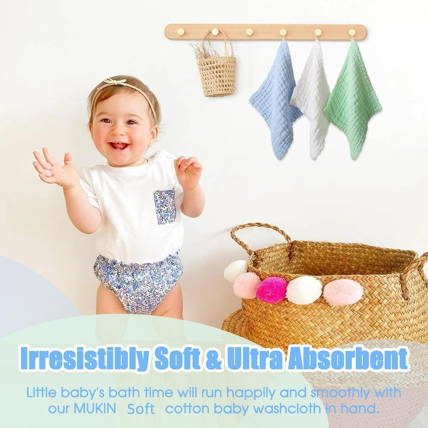 Winreal Baby Washcloths, Soft Muslin Cotton, 6 Pack, White Mint Blue image number 1