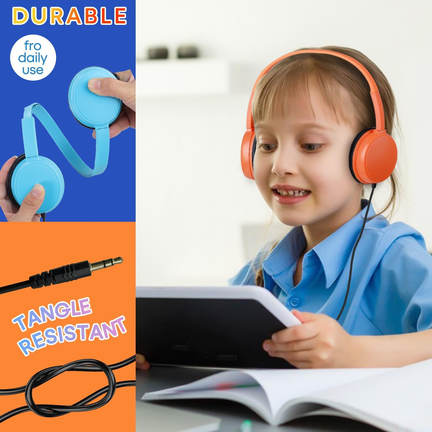 Waneni Classroom Headphones Bulk 10 Pack Mutli Colors for Kids Schools, Class Sets Headsets for Students (Durable,Leather Earcup, Noise Reducing, Comfortable, Easy-To-Clean)