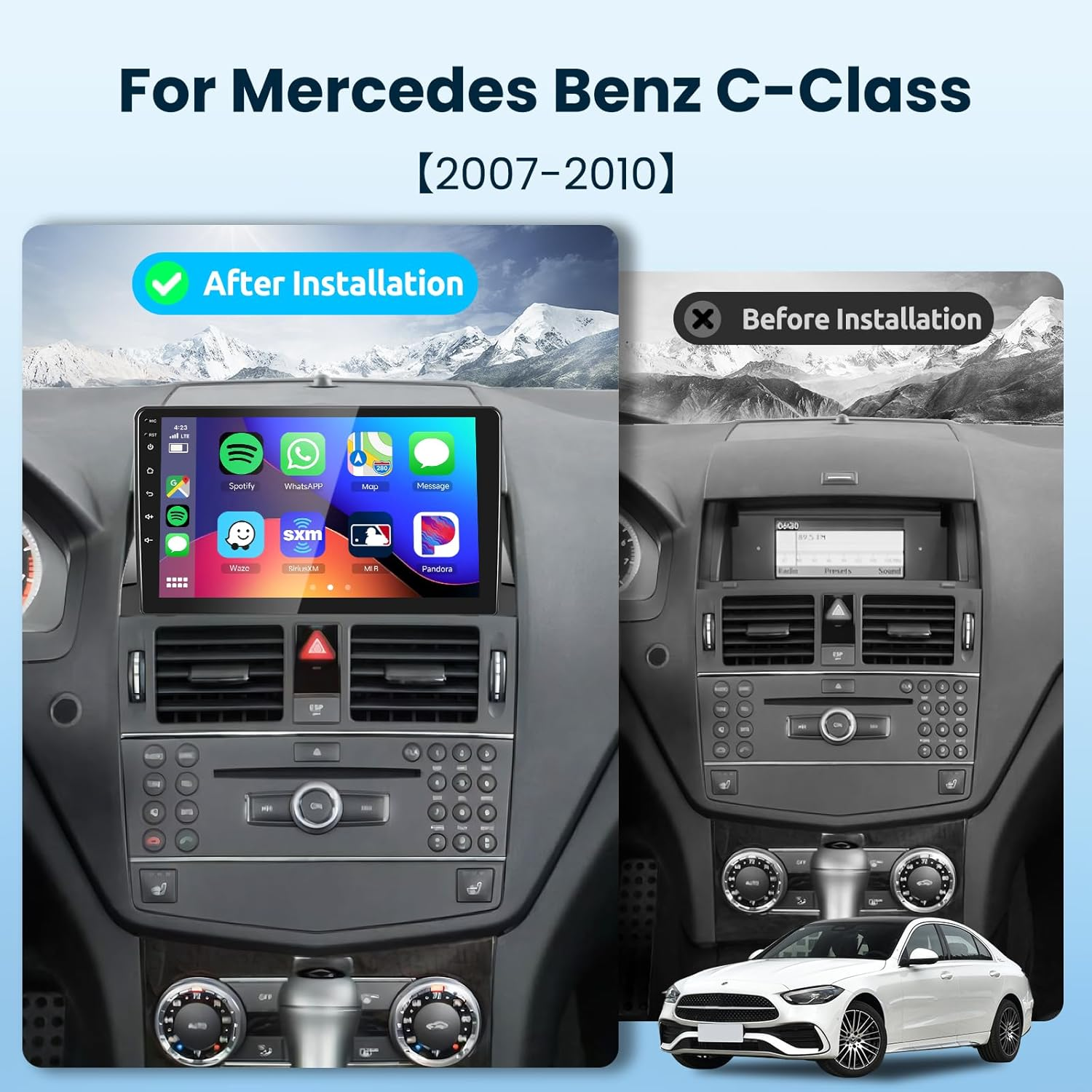2+64G Android Car Stereo for Mercedes Benz C Class W204 2006-2011 with Wireless Apple Carplay&Android Auto, 9" Touch Screen Car Radio Support Bluetooth GPS Wifi Hifi USB SWC FM/RDS+HD Backup Camera image number 4