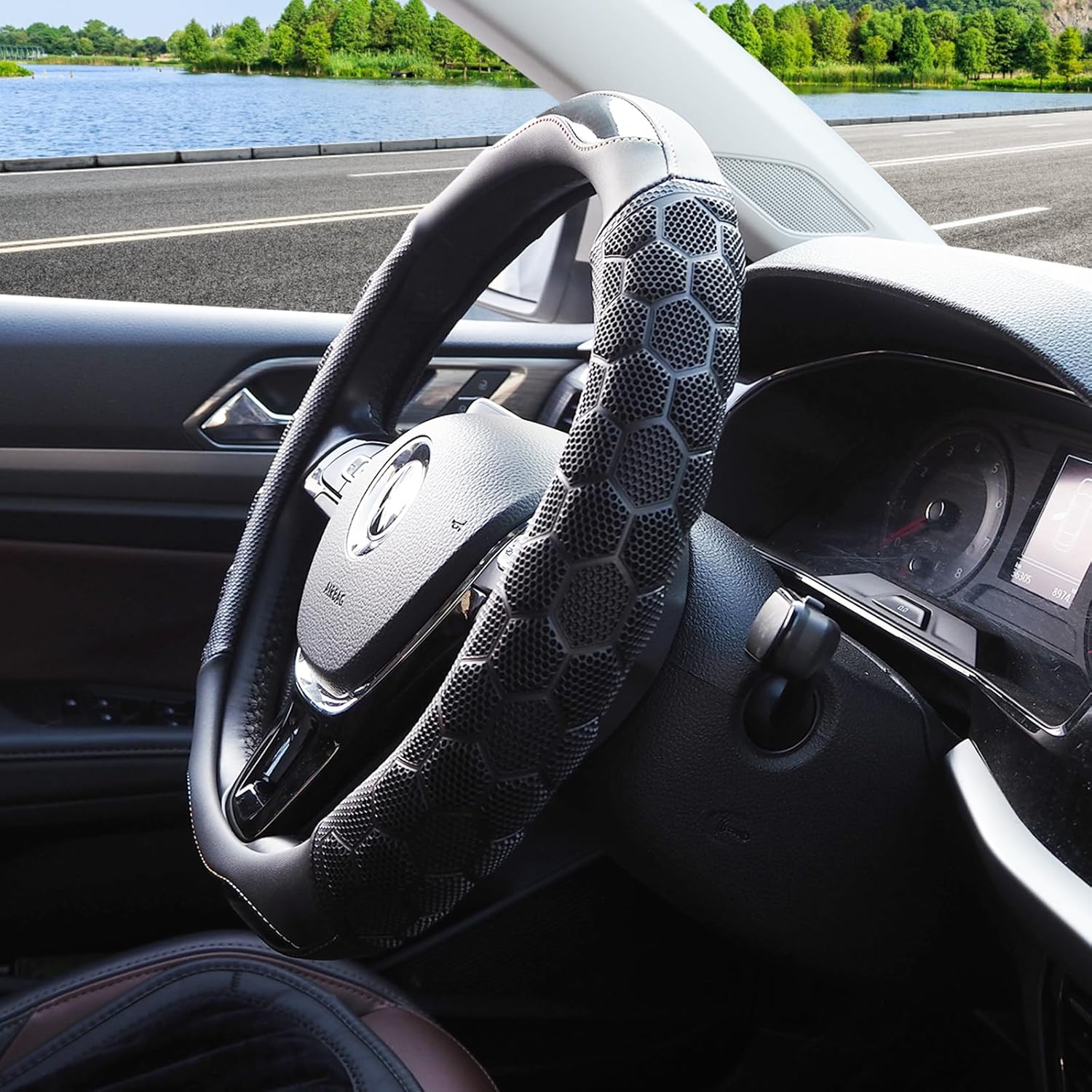 Car Steering Wheel Cover, Universal 15 Inch Fit, Anti-Slip Napa/Microfiber Leather Suede Stearing Wheel Protector Covers, Soft Breathable, with Car Seat Belt Pads for Women Man (Leather Carbon Fiber) image number 1