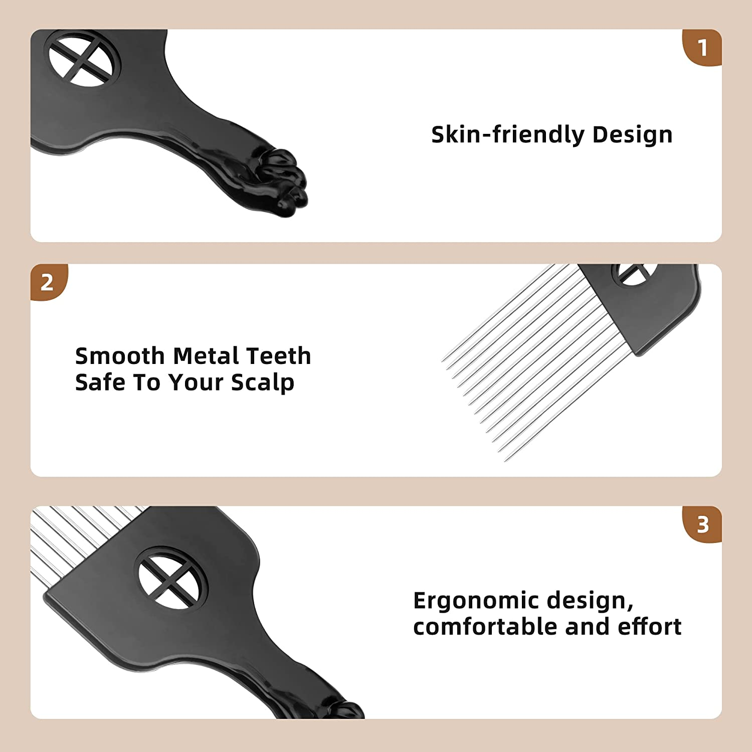 Beauty7 Hair Pick Afro Styling Pick & Lift Comb Afro Pick Lift Hair Styling Comb for African Square Wave Black(Size: M) image number 4