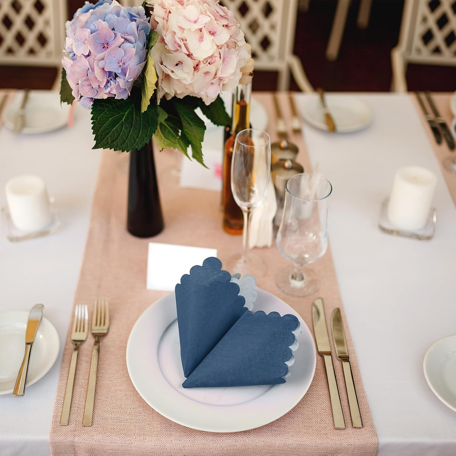 Fuutreo 100 Pcs Scalloped Cocktail Napkins Thick Paper Disposable Party Napkins Beverage Tissue for Wedding Dinner Birthday Supplies, 5 X 5 Inches(Navy Blue) - Light Blue image number 5