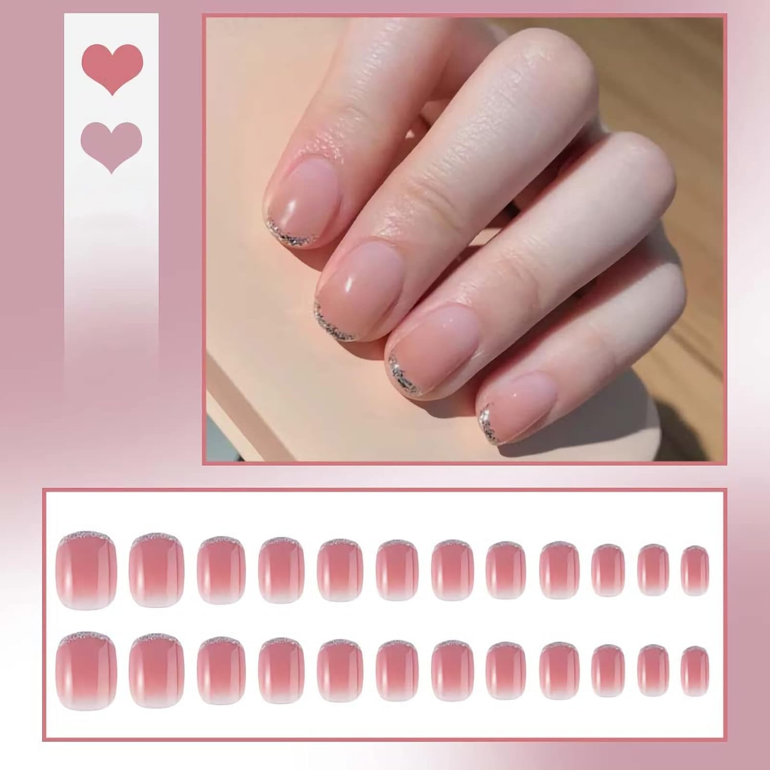 RYUUSEI 24Pcs Short French Tips Press on Nails, Gold Glitter Fake Nails with Design Square Nude Pink Acrylic False Nail Kits Stick Glue on Nails Sets for Women Reusable Full Cover Gel Nails image number 3