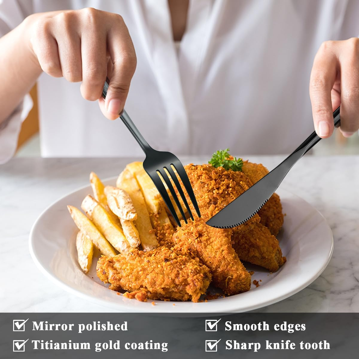 Black Cutlery Set 48 Pieces Service for 12, Berglander Titanium Black Plated Stainless Steel Flatware Set, Modern Design Knives Forks Spoons Silverware Set image number 6