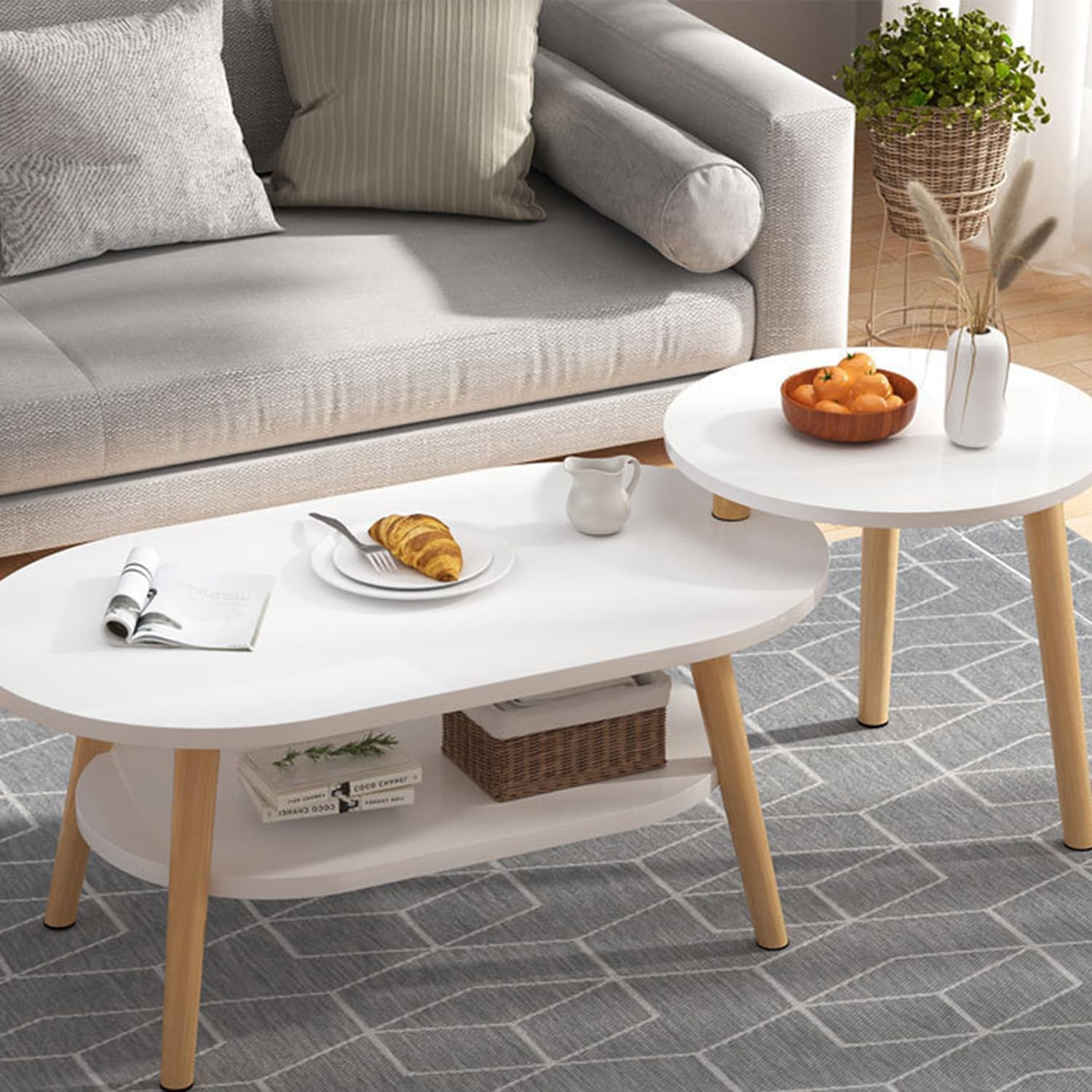 Uandhome Coffee Table-Oval Wood Coffee Table with Open Shelving for Storage and Display 2 Tier Sofa Table, Small Modern Furniture for Living Room&Home (Light Oak)