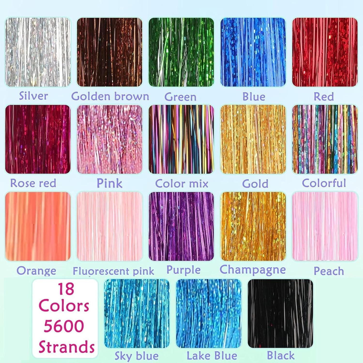 Weidllys Hair Tinsel,18 Colors Hair Tinsel Kit for Girls 7600 Strands Fairy Tinsel Hair Extensions Holographic Hair Tinsel Heat Resistant Colored Hair Glitter Christmas Party Festival (18 Colors) image number 3