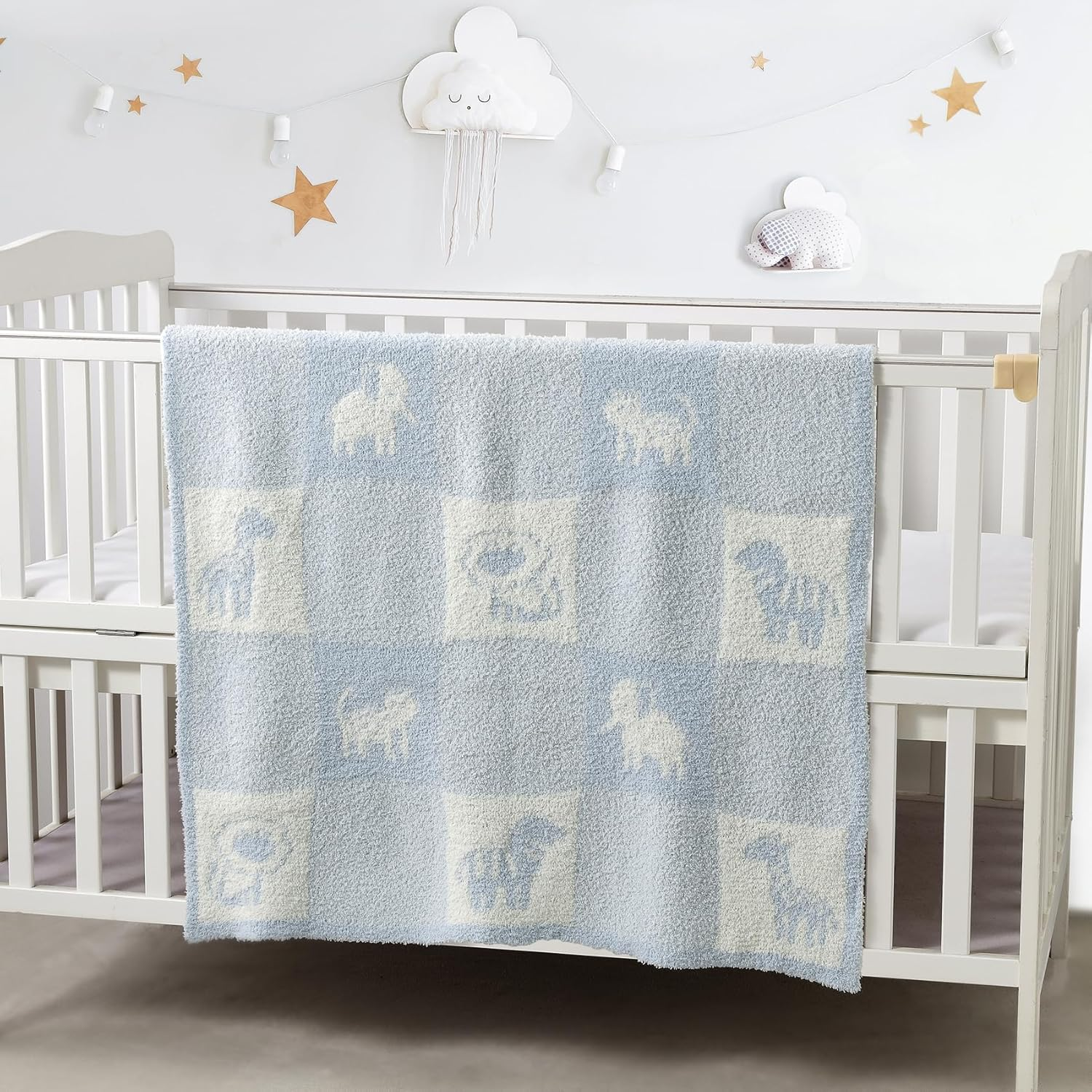 CREVENT 76X102Cm Cozy Soft Warm Chenille Baby Blanket for Girls Boys, Newborn Essentials for Infant, Baby Shower - Animal Blue