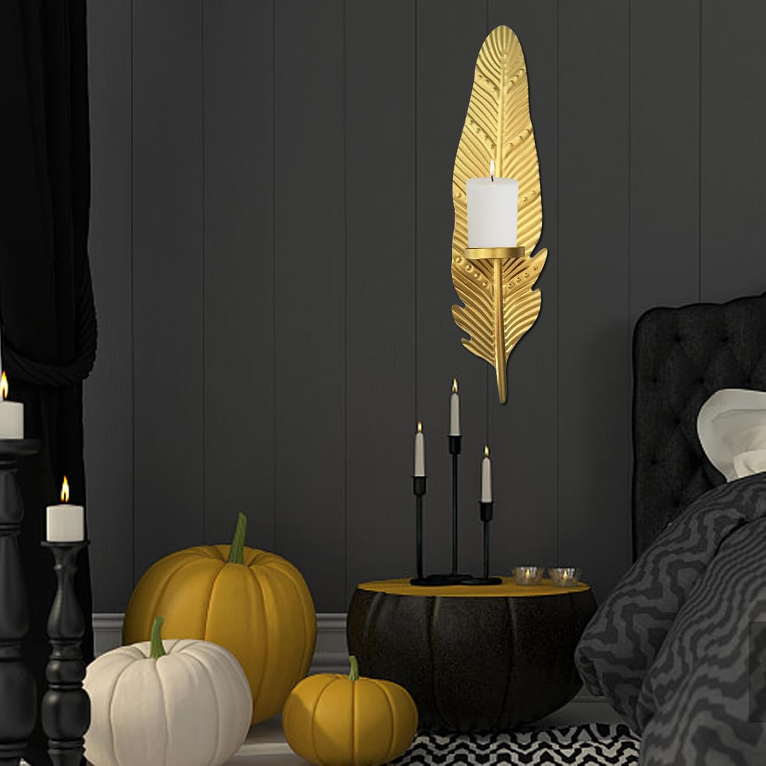 Golden Leaf Wall Sconces Candle Holders - Wrought Iron Tea Light Holder | Wrought Iron Wall Art Decorations, for Bathroom, Living Room, Dining Room, Patio, Weddings, Events (1Pcs) image number 4