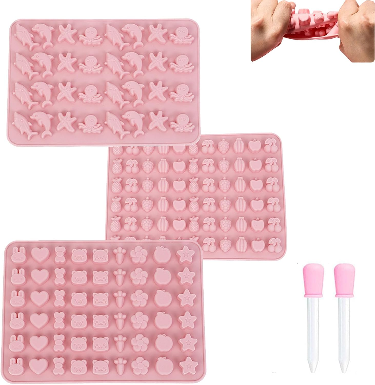 3 Pack Candy Molds Silicone,Fruit Snack Molds,Cute Object and Marine Animals,Non-Stick Silicone Candy Molds Reusable Nonstick Chocolate Molds with 2 Droppers
