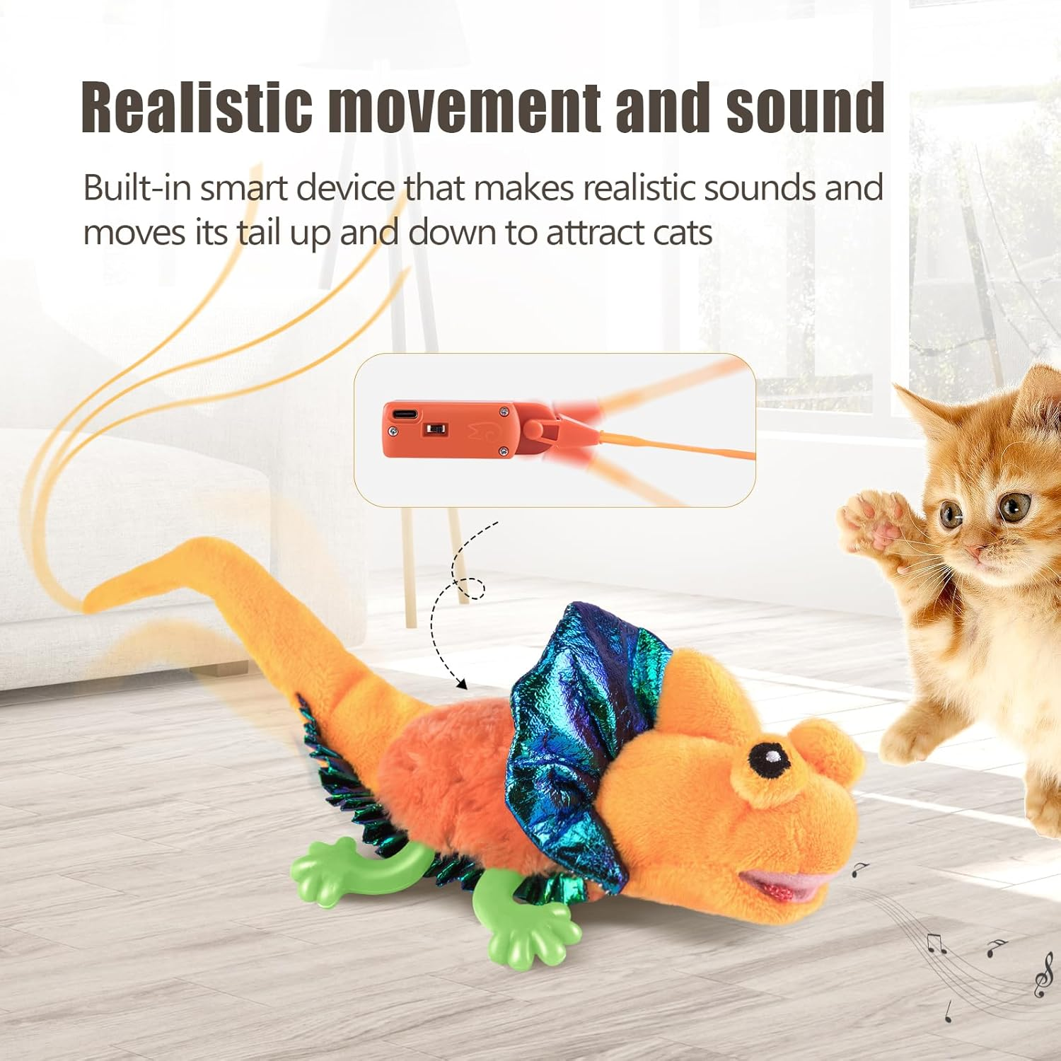 Migipaws Cat Toys, Touch Activated Flapping Chirping Lizard Kitten Toy with Catnip for Indoor Cats Kicker, Rechargeable (Orange) image number 4