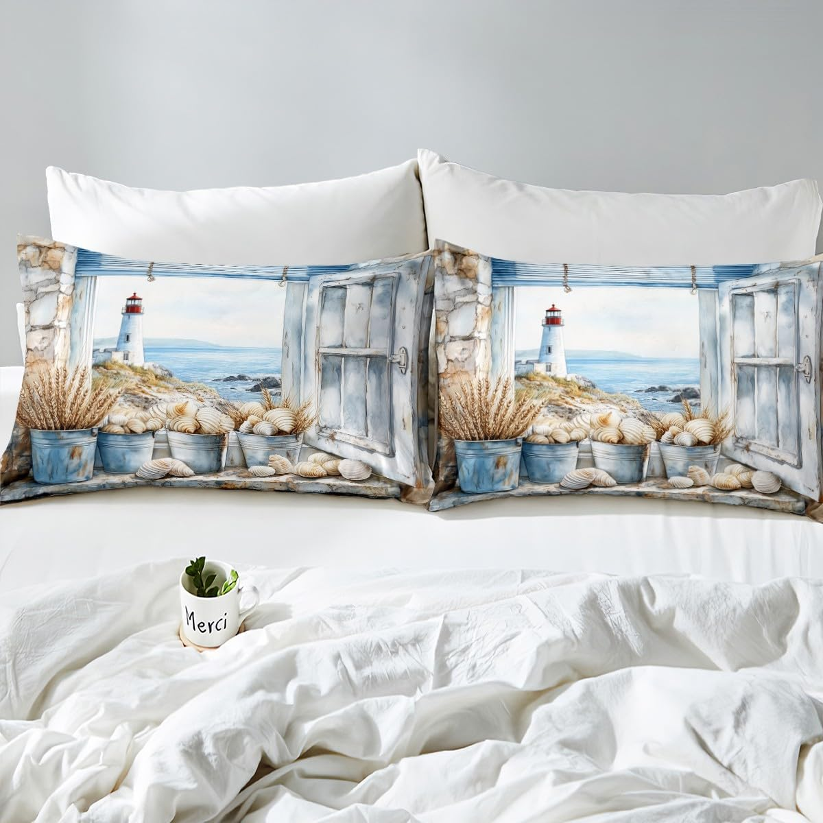 Homewish Beach Seaside Comforter Cover Lighthouse Ocean Duvet Cover 200 X 200 Cm for Adults Men Teens Women Coastal Wood Farmhouse Bedding Set Natuical Seascape Bed Set, Blue