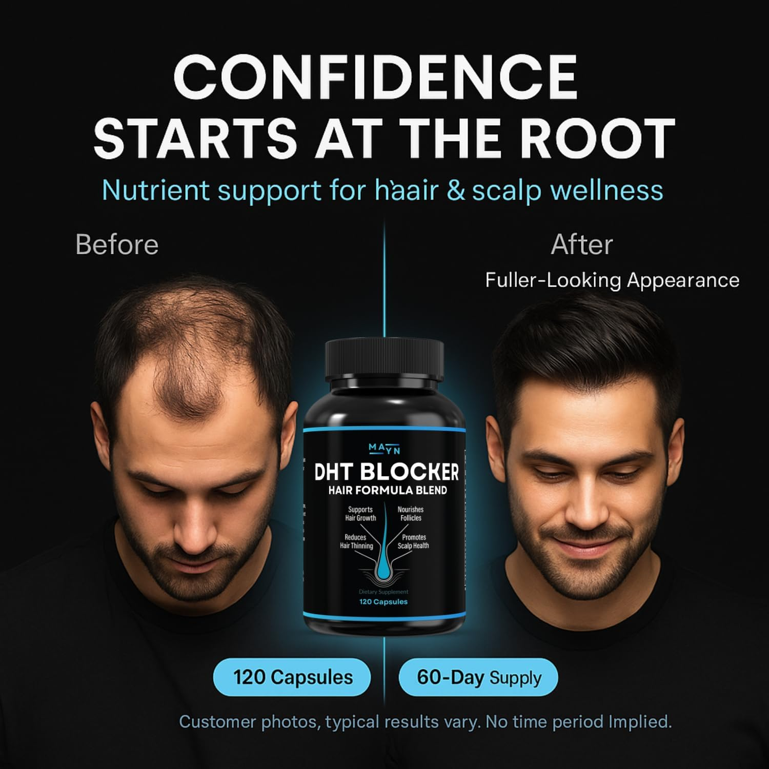 DHT Blocker Hair Formula Blend &ndash; Zinc, Selenium, Saw Palmetto, Pumpkin Seed, Fo-Ti & Lycopene | Supports Hair & Scalp Wellness | 120 Capsules | Dietary Supplement by MAYN image number 3