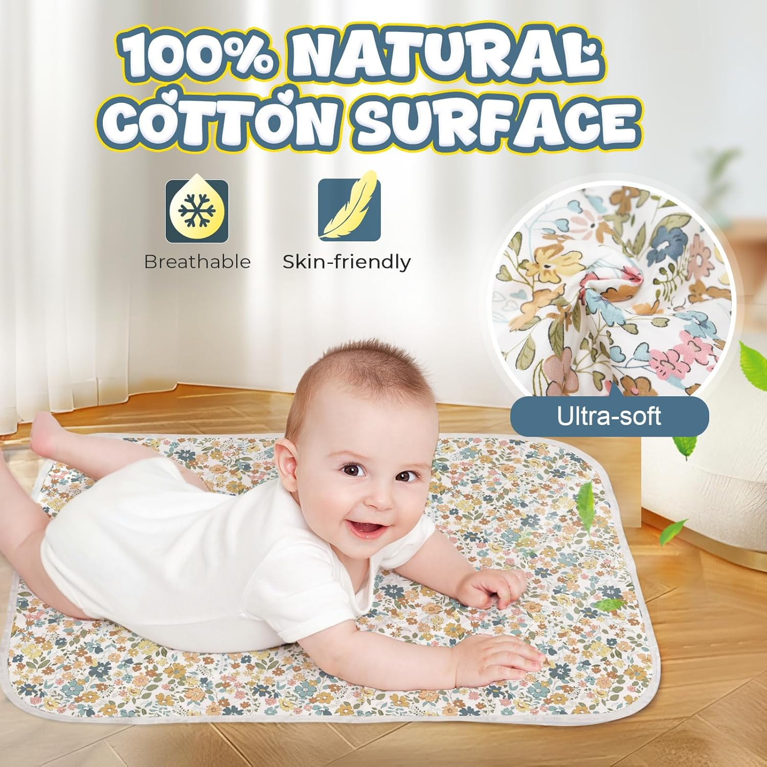 Baby Diaper Changing Pad &ndash; 31.5" X 21.5" Extra Large Waterproof Absorbent Portable Changing Mat, Reusable Changing Pad Liner for Travel or at Home Use(Floral1)