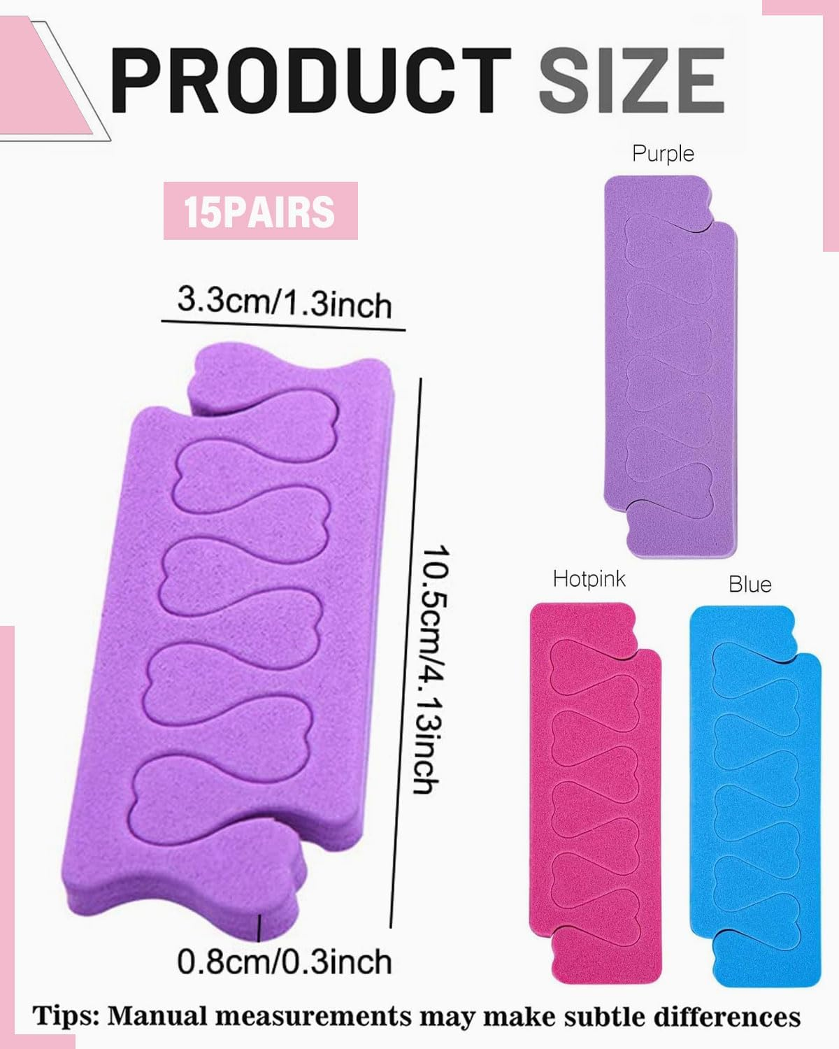 FUGLUS Toe Separator 30 Pieces, Toe Separator & Finger Divider Set with Spacer for Pedicure and Manicure, Toenail Divider Separator Tool (Purple, Pink, Blue) image number 5