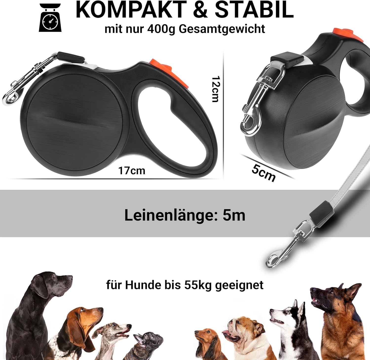 Finopet Dog Lead for Large Dogs and Medium up to 55 Kg, Dog Lead 5 M, Dog Lead Extendable and Innovative Automatic Brake System, Roller Lead, Running Lead for All Dog Harnesses image number 1