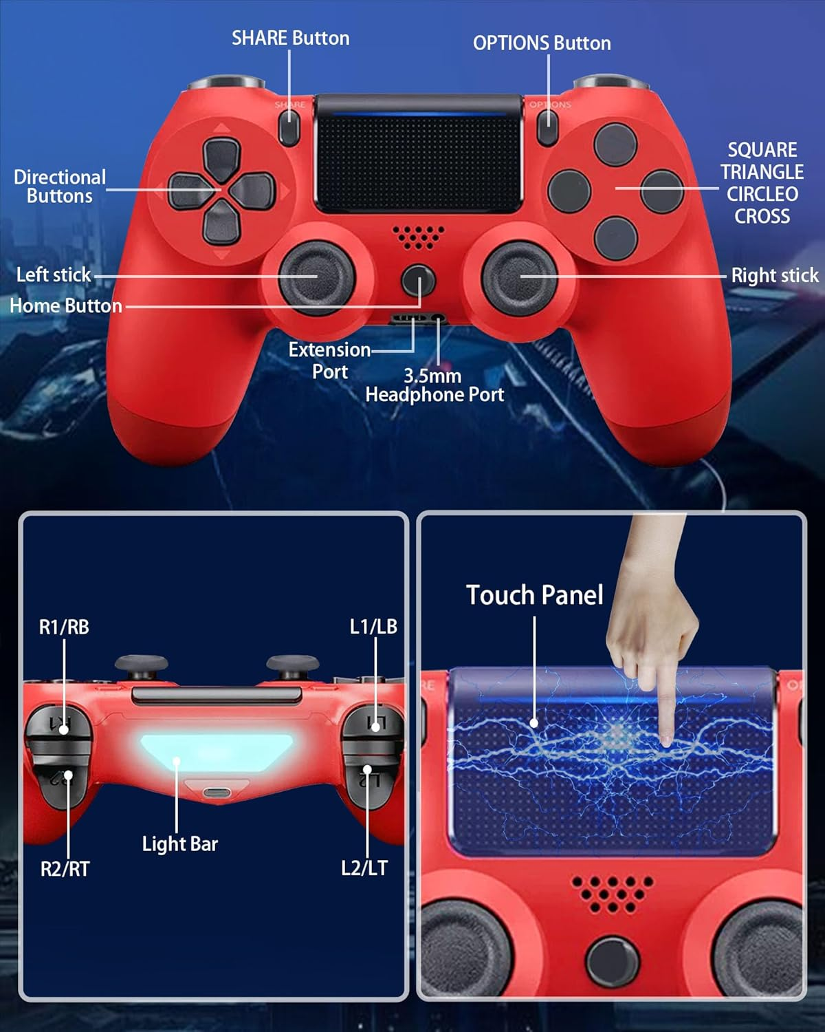 Wireless Controller for PS-4, Compatible with Ps-4/Pro/Slim/Pc Bluetooth Controller, Dual Vibration, Touch Panel, 3.5Mm Audio Jack, Six-Axis Joystick (Red) image number 1